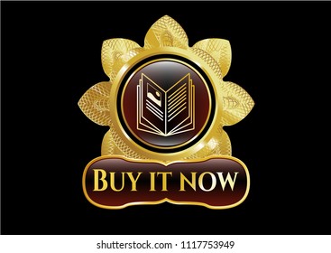  Golden emblem with book icon and Buy it Now text inside