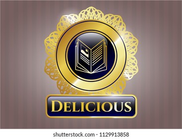  Golden emblem with book icon and Delicious text inside