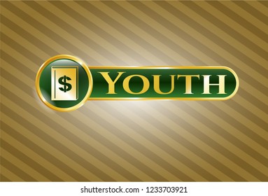  Golden emblem with book with money symbol inside icon and Youth text inside
