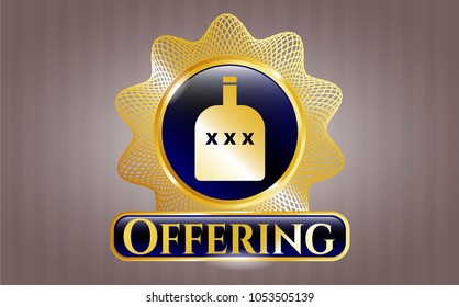  Golden emblem with bottle of alcohol icon and Offering text inside