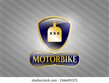  Golden emblem with bottle of alcohol icon and Motorbike text inside