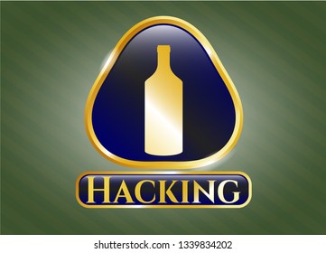  Golden emblem with bottle icon and Hacking text inside