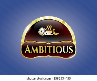  Golden emblem with breakfast  icon and Ambitious text inside