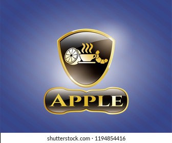  Golden emblem with breakfast  icon and Apple text inside