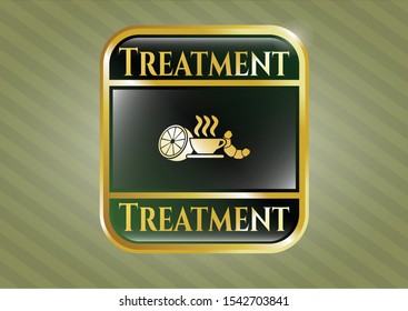  Golden emblem with breakfast  icon and Treatment text inside