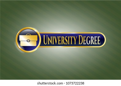   Golden emblem with briefcase icon and University Degree text inside