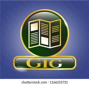  Golden emblem with brochure icon and Gig text inside