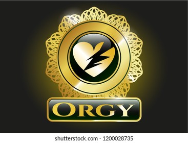  Golden emblem with broken heart icon and Orgy text inside
