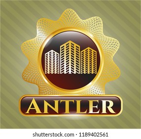  Golden emblem with buildings icon and Antler text inside