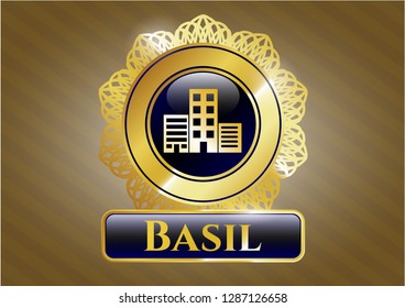  Golden emblem with buildings icon and Basil text inside