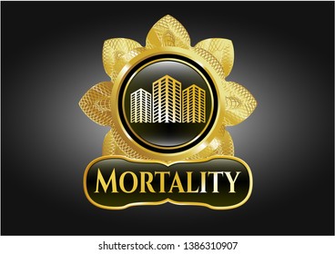  Golden emblem with buildings icon and Mortality text inside