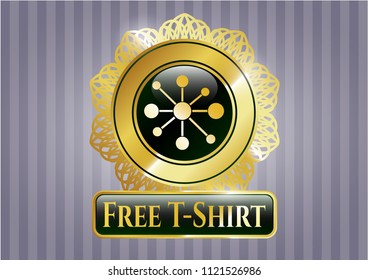  Golden emblem with business network icon and Free T-Shirt text inside