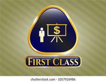  Golden emblem with business presentation icon and First Class text inside