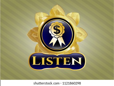  Golden emblem with business ribbon icon and Listen text inside