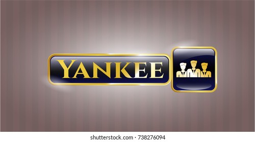  Golden emblem with business teamwork icon and Yankee text inside