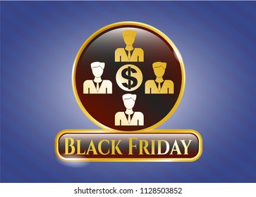  Golden emblem with business teamwork and money icon and Black Friday text inside