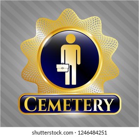  Golden emblem with businessman holding briefcase icon and Cemetery text inside