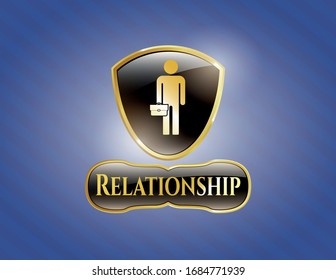  Golden emblem with businessman holding briefcase icon and Relationship text inside