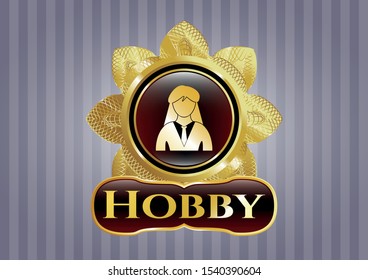  Golden emblem with businesswoman icon and Hobby text inside