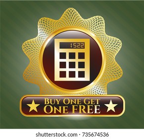 Golden emblem with calculator icon and Buy one get One Free text inside
