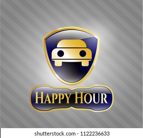  Golden emblem with car seen from front icon and Happy Hour text inside
