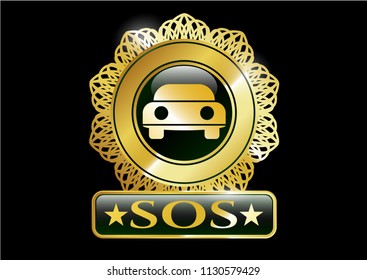  Golden emblem with car seen from front icon and SOS text inside