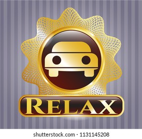  Golden emblem with car seen from front icon and Relax text inside