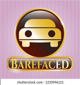  Golden emblem with car seen from front icon and Barefaced text inside