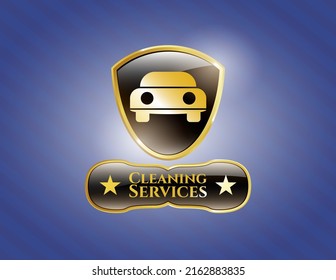 Golden emblem with car seen from front icon and Cleaning Services text inside