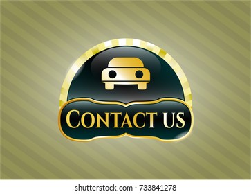  Golden emblem with car seen from front icon and Contact us text inside