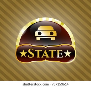  Golden emblem with car seen from front icon and State text inside