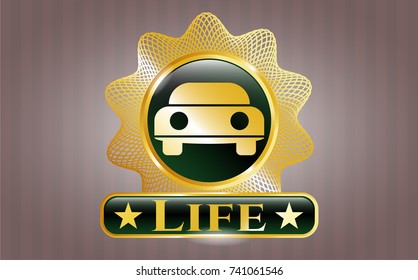  Golden emblem with car seen from front icon and Life text inside