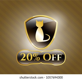    Golden emblem with cat icon and 20% Off text inside
