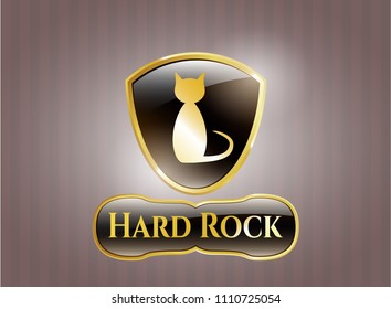   Golden emblem with cat icon and Hard Rock text inside