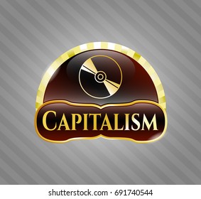  Golden emblem with CD or DVD disc icon and Capitalism text inside