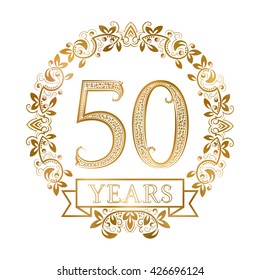 Golden emblem celebrating fiftieth anniversary in vintage style. Elegant decorative badge perfect for milestones, invitations, logos, certificates, and commemorative designs.