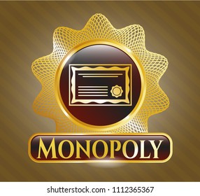   Golden emblem with certificate icon and Monopoly text inside