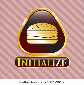  Golden emblem with cheeseburger icon and Initialize text inside