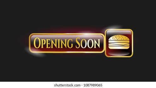  Golden emblem with cheeseburger icon and Opening Soon text inside