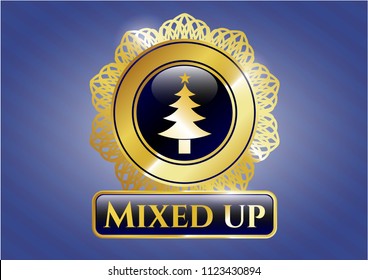  Golden emblem with christmas tree icon and Mixed up text inside