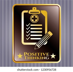  Golden emblem with clinic history icon and Positive Thinking text inside
