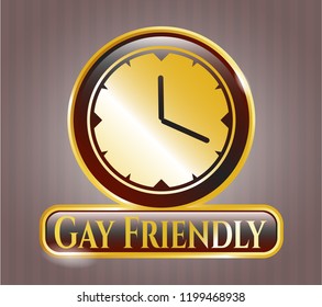  Golden emblem with clock, time icon and Gay Friendly text inside
