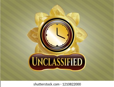  Golden emblem with clock, time icon and Unclassified text inside