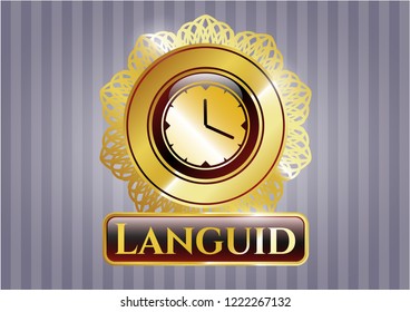  Golden emblem with clock, time icon and Languid text inside