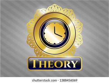  Golden emblem with clock, time icon and Theory text inside
