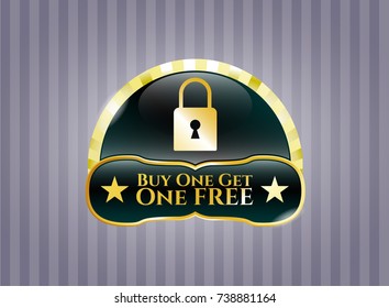  Golden emblem with closed lock icon and Buy one get One Free text inside