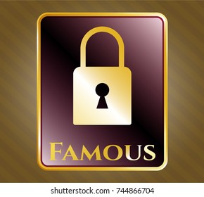  Golden emblem with closed lock icon and Famous text inside