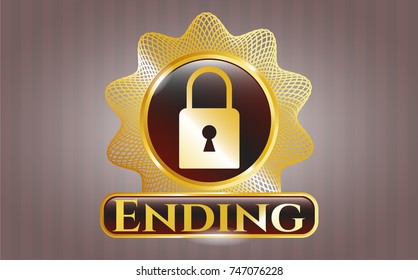  Golden emblem with closed lock icon and Ending text inside
