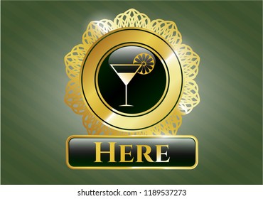  Golden emblem with cocktail glass icon and Here text inside
