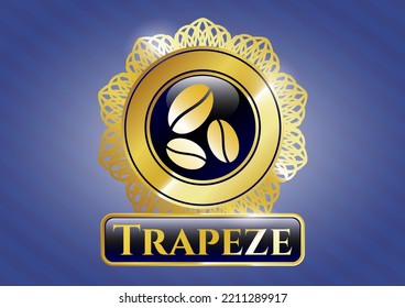 Golden emblem with coffee bean icon and Trapeze text inside